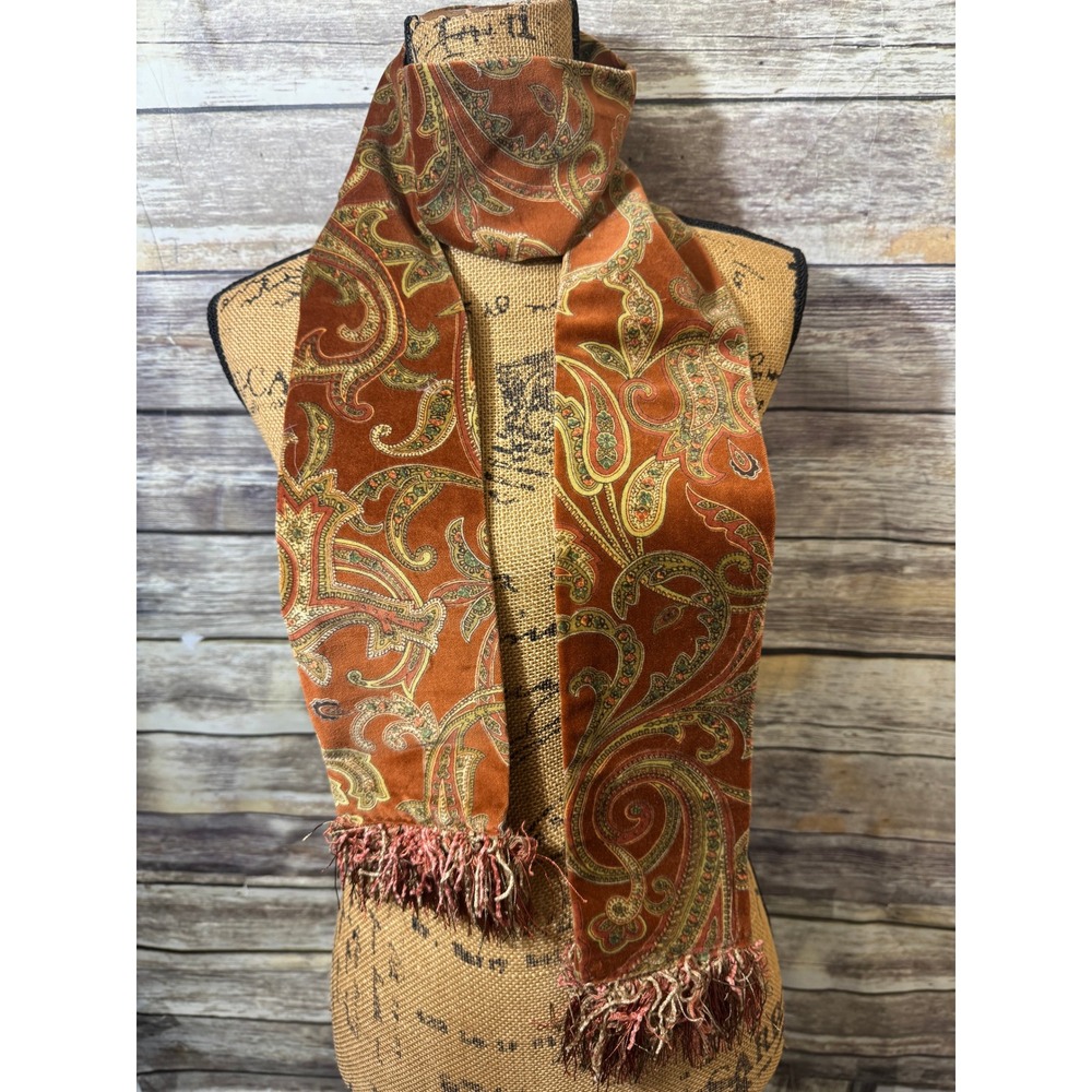Vintage Style Paisley Velvet Fringe Scarf Burnt Orange Boho Long Neck Wrap
